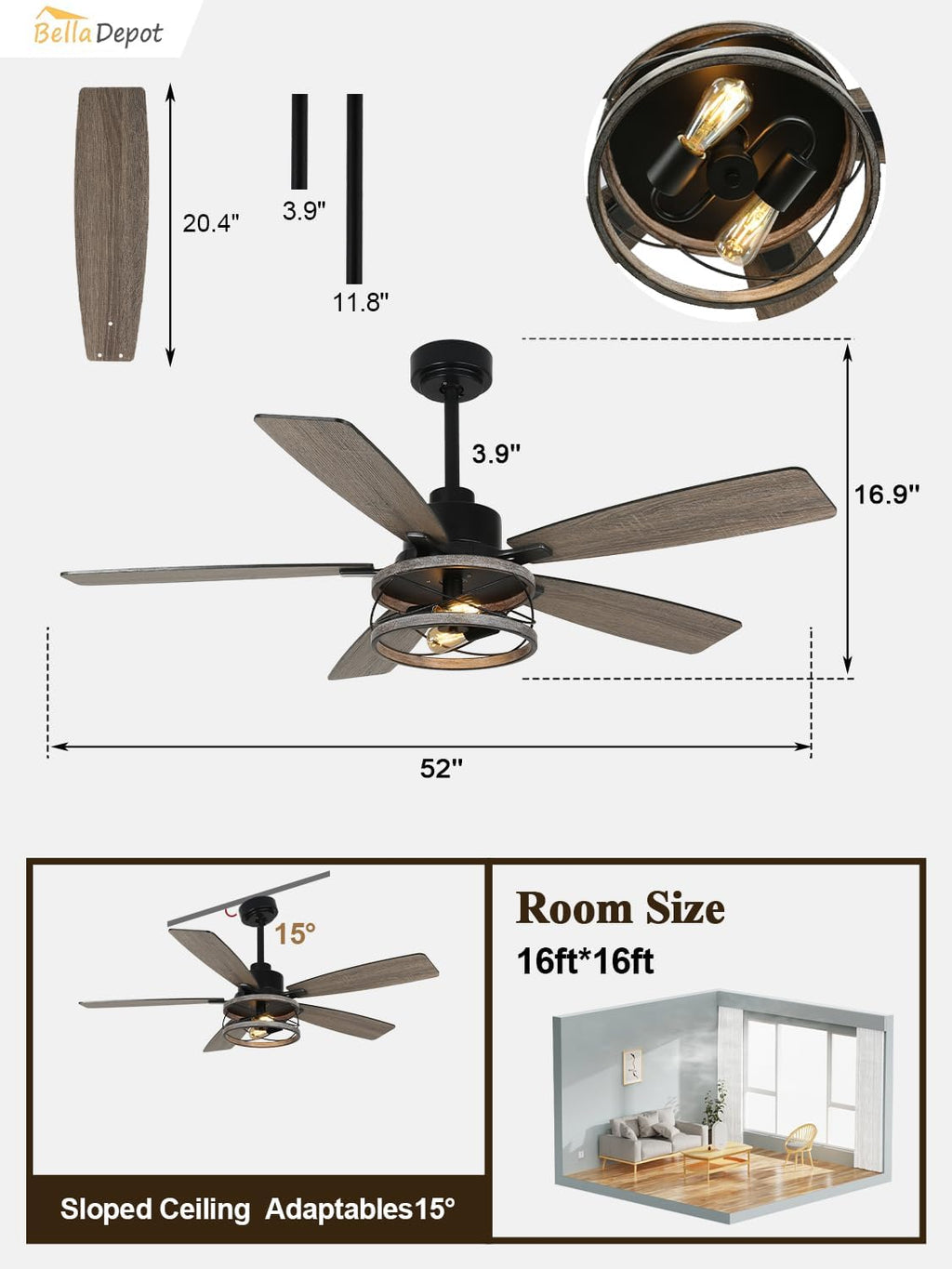 Bella Depot 52' Farmhouse Caged Ceiling Fan with Light, Remote Control & Silent Motor, Industrial Chandelier Style Fandelier for Bedroom Living Room Dining Room