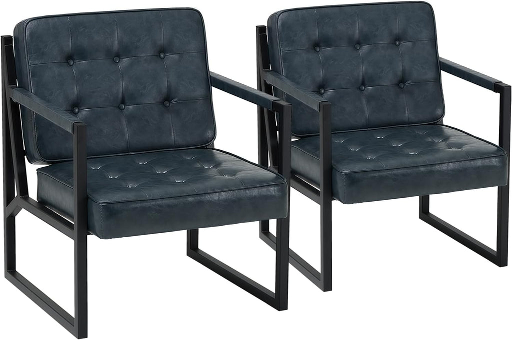 MALOL Accent Chairs Set of 2, Modern Accent Arm Chairs for Living Room, Comfy Leather Armchairs with Metal Legs for Bedroom Reception Room, Blue