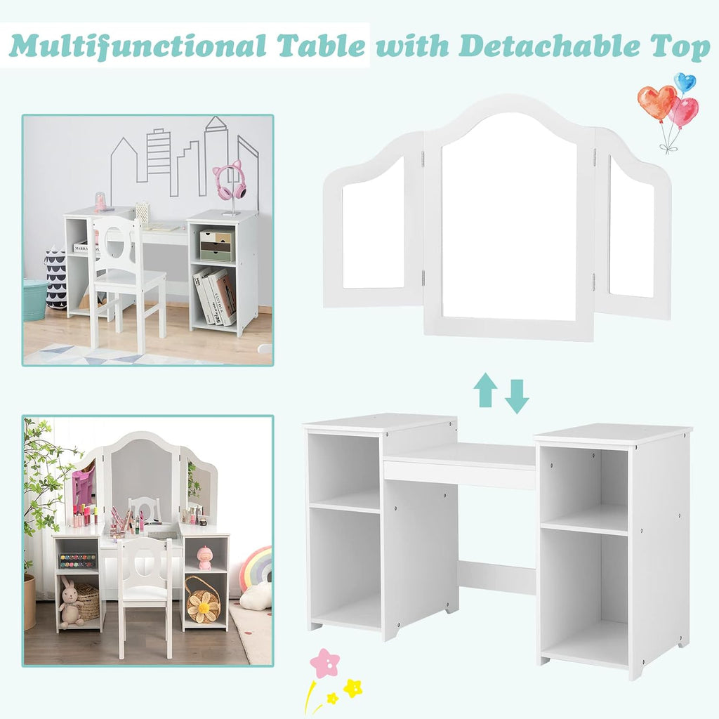 AKUSTIK Kids Vanity, 2 in 1 White Wooden Dressing Table and Chair Set for Toddlers with Tri-Folding Detachable Mirror, Storage Shelves, Pretend Princess Beauty Make Up Play Set for Little Girls