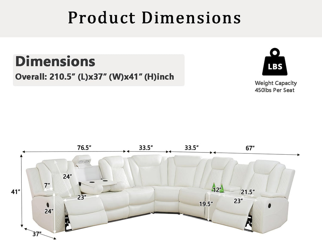 A Ainehome Power Furniture Reclining Sectional Sofa Set, Living Room Power Recliner Adjustable Sofa, Loveseat and Chair with Storage Console for Living Room/Office(A- Creamy White)