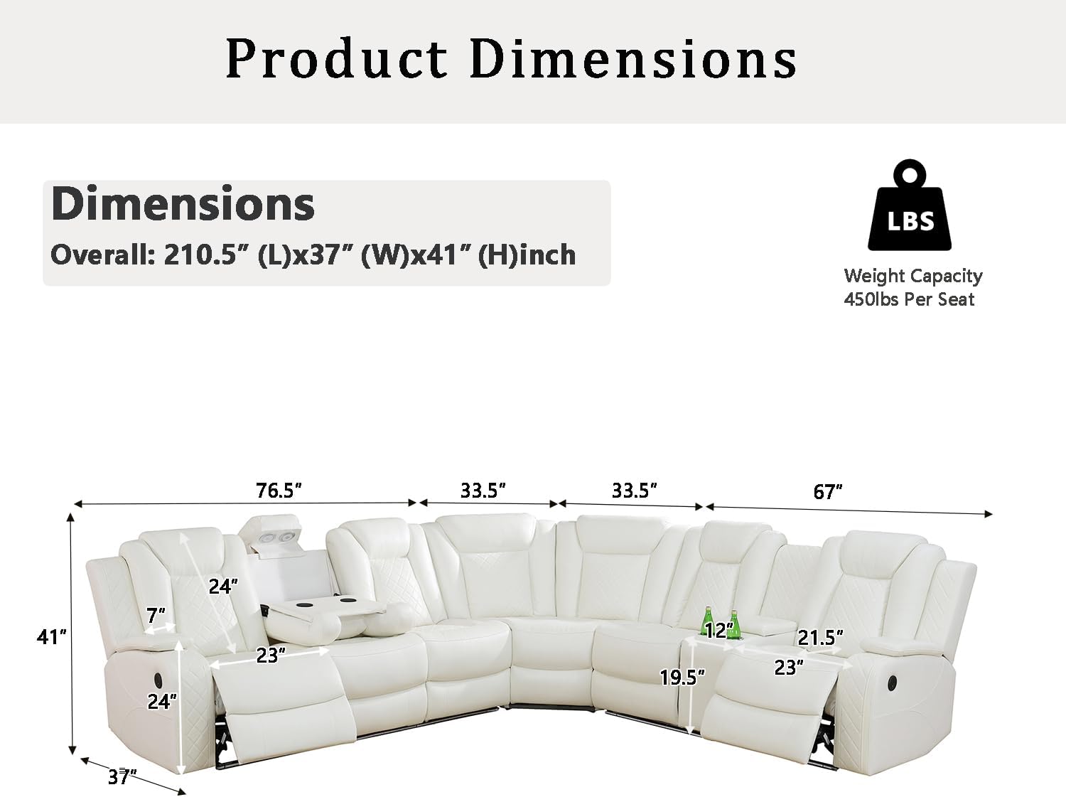 A Ainehome Power Furniture Reclining Sectional Sofa Set, Living Room Power Recliner Adjustable Sofa, Loveseat and Chair with Storage Console for Living Room/Office(A- Creamy White)