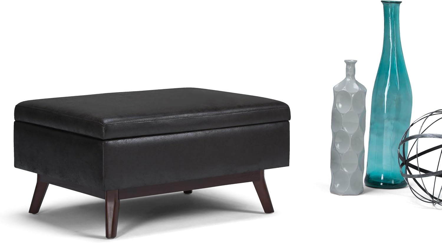 SIMPLIHOME Owen Coffee Table Storage Ottoman - 34' Wide x 19' High Upholstered Vegan Leather Rectangular Lift-Top Ottoman in Distressed Black, Mid-Century Bench for Living Room with Tapered Legs
