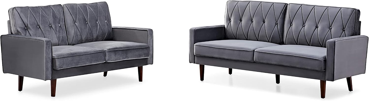 Container Furniture Modern Style Tufted Velvet Couches for Living Room with Soft Fabric Upholstery and Solid Wood Frame, 2 Piece Sofa and Loveseat Set, Grey