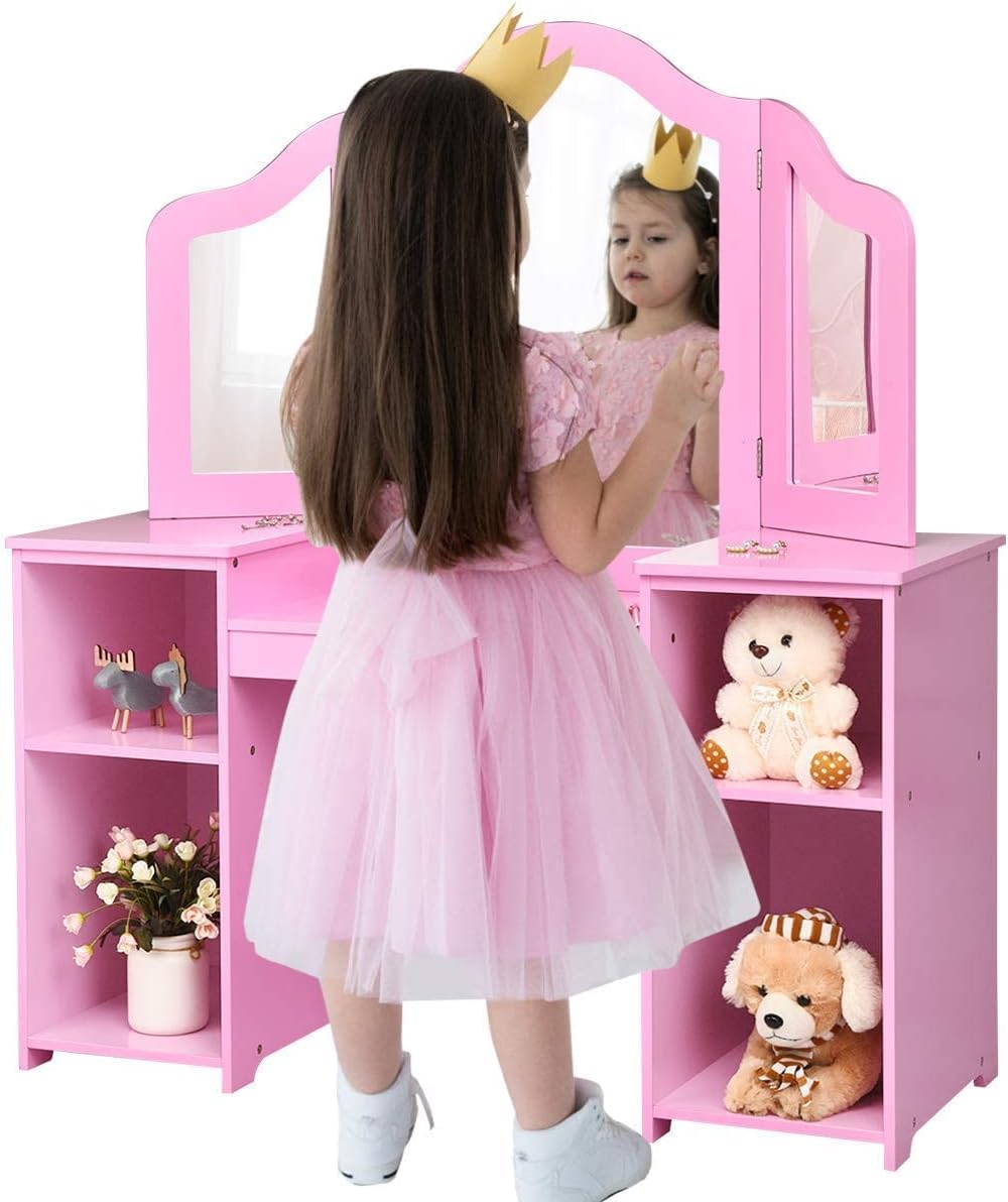 INFANS Kids Vanity, 2 in 1 Princess Makeup Desk Set with Tri-Folding Detachable Mirror, Large Storage Shelves, Wooden Dressing Table,Pretend Play Vanity Set for Girls