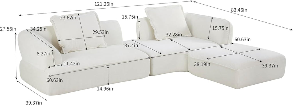 Christopher Knight Home Zacha 121' Modular L-Shape Sofa Couch with Chaise Lounge, Modern Boneless Sofa for Living Room, Fabric Upholstered Cloud Couch with Deep Seat, Milky White
