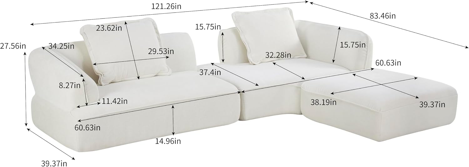 Christopher Knight Home Zacha 121' Modular L-Shape Sofa Couch with Chaise Lounge, Modern Boneless Sofa for Living Room, Fabric Upholstered Cloud Couch with Deep Seat, Milky White