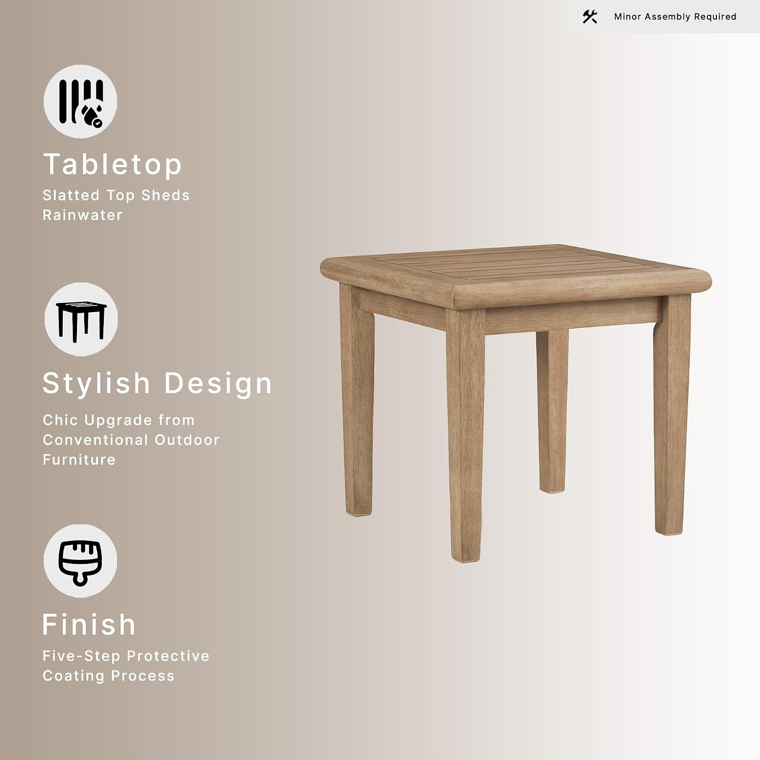 Signature Design by Ashley Gerianne Outdoor Square End Table with Slatting Styling and 5-Step Finishing Process, Eucalyptus Wood Frame, 22' High, Grayish Brown