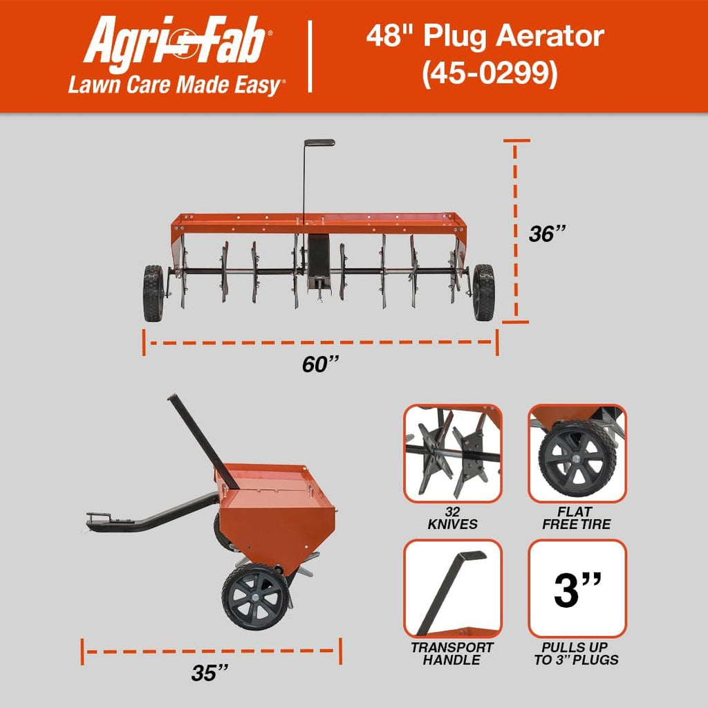 Agri-Fab 48 In Tow Behind Lawn Plug Aerator with 32 Galvanized Knives and Universal Hitch