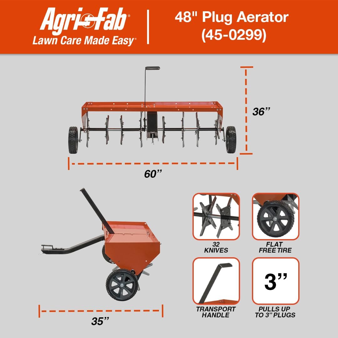 Agri-Fab 48 In Tow Behind Lawn Plug Aerator with 32 Galvanized Knives and Universal Hitch