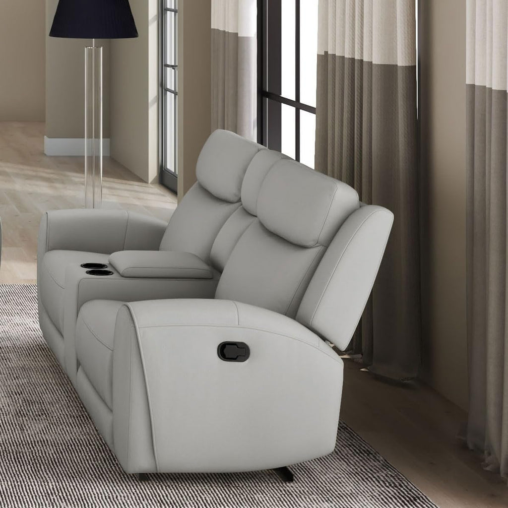 Furniture of America Larson Modern Leather Recliner Loveseat with Storage Console and Cup Holders, Reclining Sofa, Comfortable Couch for Living Room, Office, Home Theater, Light Grey