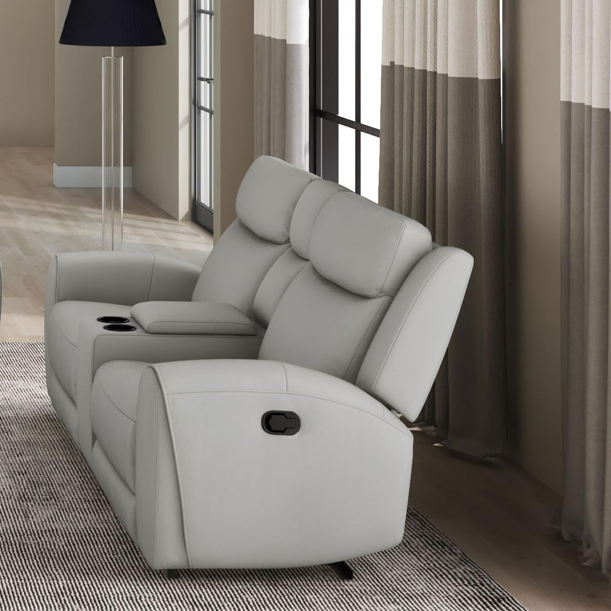 Furniture of America Larson Modern Leather Recliner Loveseat with Storage Console and Cup Holders, Reclining Sofa, Comfortable Couch for Living Room, Office, Home Theater, Light Grey