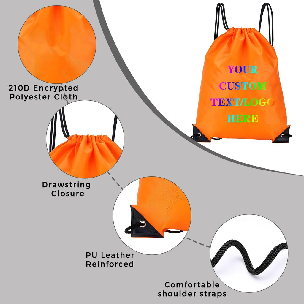 Custom Bags With Your Logo Set of 100 Custom Backpack Draw String Bags Pack Bulk for Travelling Swimming Gym Everyday Use (Orange)