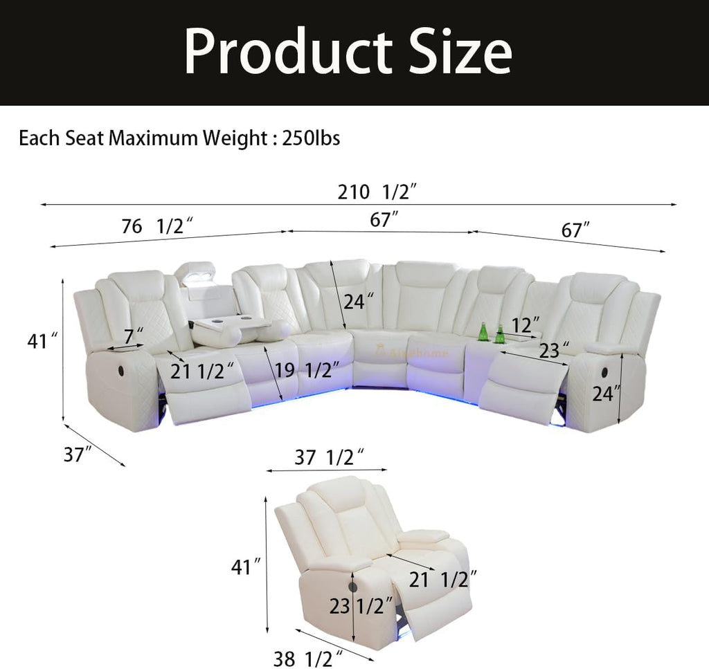 A Ainehome Living Room Furniture Reclining Sectional Sofa, Living Room Power Recliner Adjustable Sofa, Loveseat and Chair with Storage Console for Home/Office(A-Creamy White)