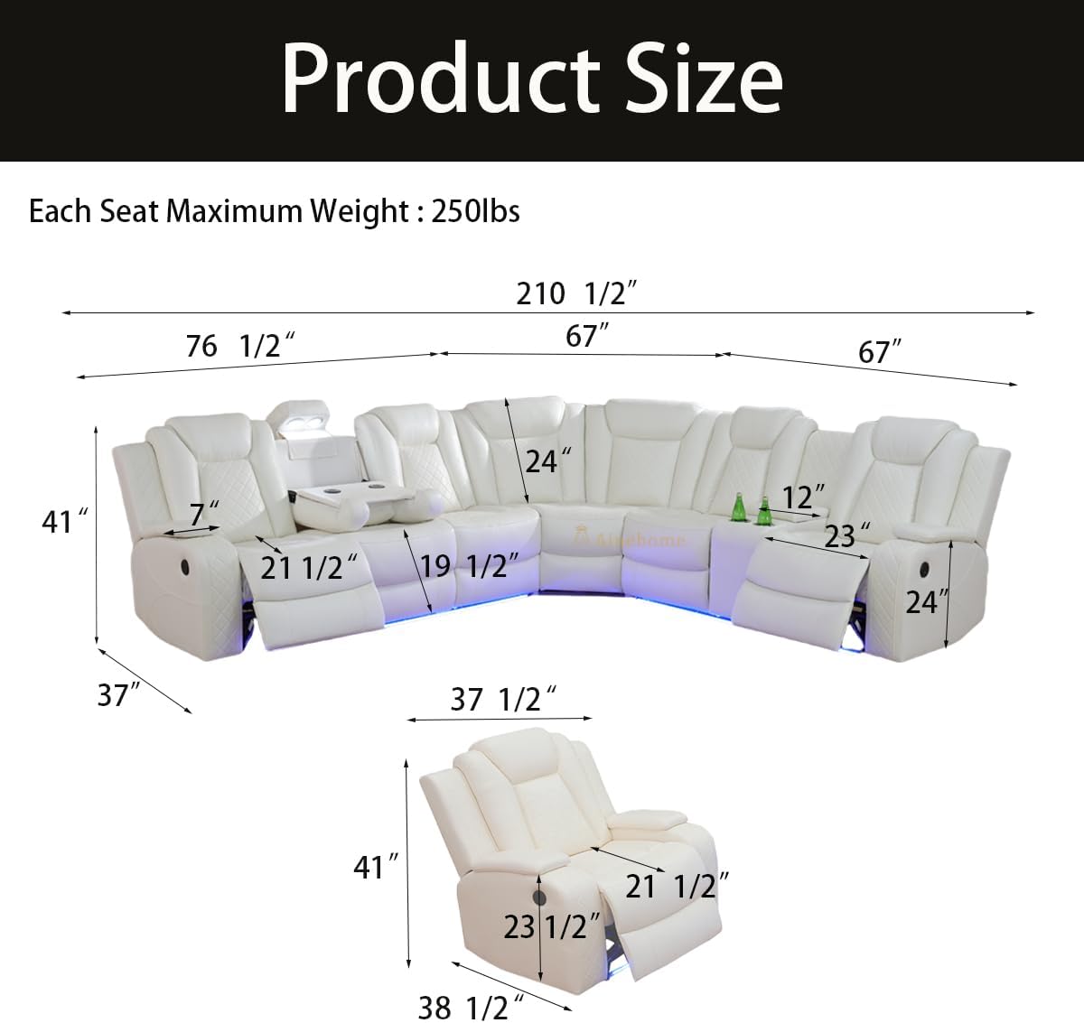 A Ainehome Living Room Furniture Reclining Sectional Sofa, Living Room Power Recliner Adjustable Sofa, Loveseat and Chair with Storage Console for Home/Office(A-Creamy White)