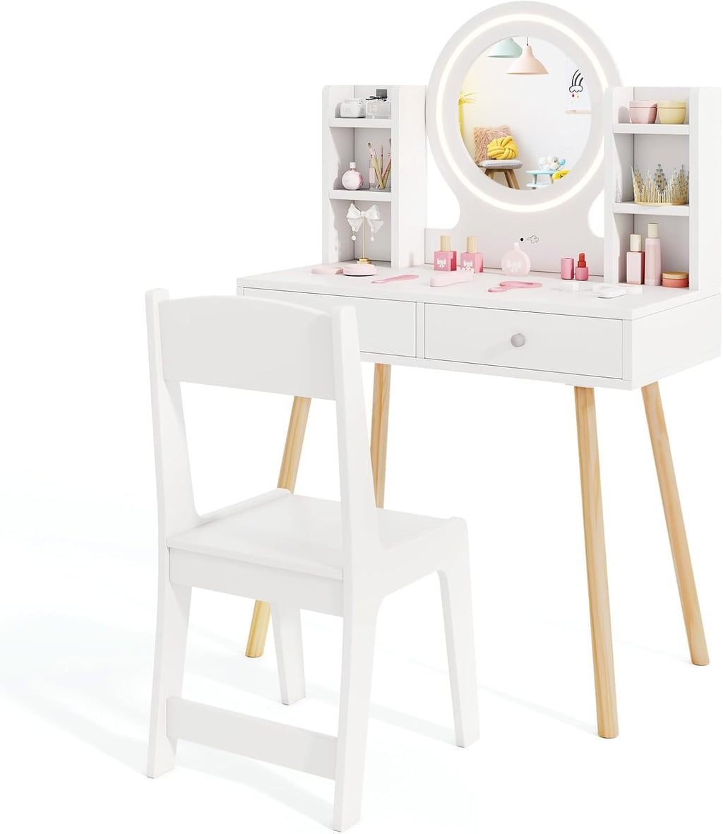 HONEY JOY Kids Vanity, Girls Vanity Set with Mirror and Stool and Lights, Drawers & Storage Shelves, Toddler Makeup Vanity Dressing Table, Pretend Play Kids Vanity Table and Chair Set (White)