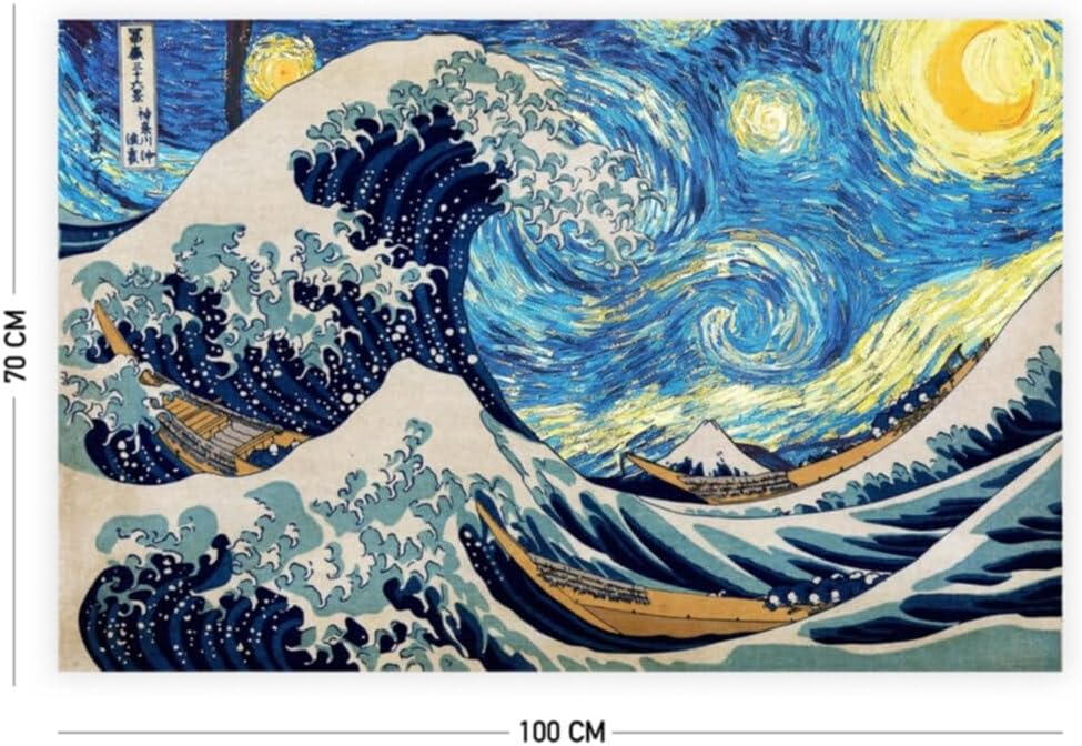 Wall Tapestry The Great Wave and Starry Night 65x40cm Cotton Famous Paintings Wall Hanging Art Dorm Decor Living Room - Navy Blue, 55x39 inch