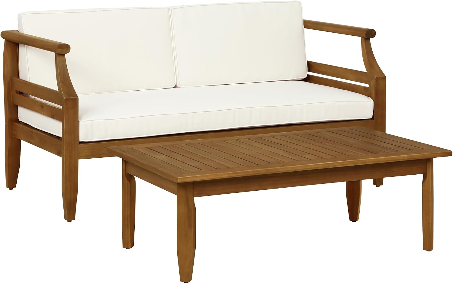 Linon Harbor Oiled Acacia Wood Two Piece Outdoor Set with Revmoable Cream Cushions Includes Loveseat and Coffee Table