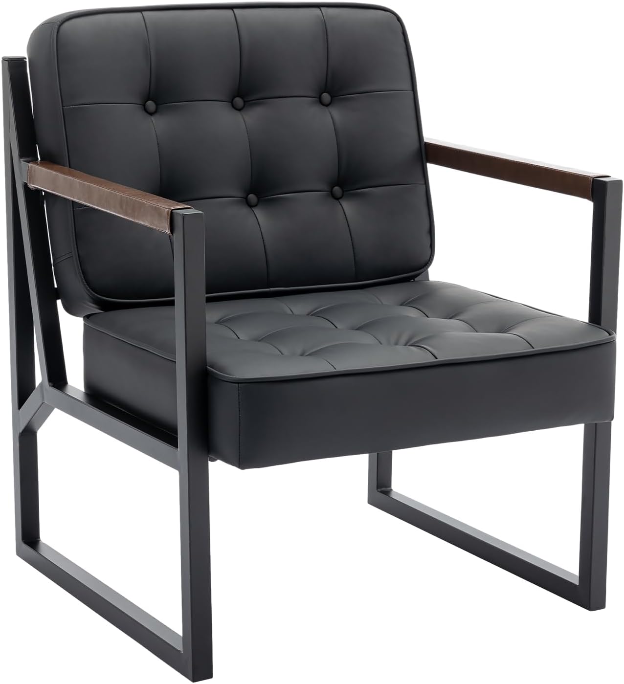 MALOL Black Leather Accent Chair, Accent Arm Chair for Living Room, Comfy Armchair with Metal Legs for Living Room Bedroom Reception Waiting Room