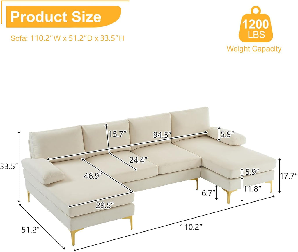 Karl home Convertible Sectional Sofa 110' U-Shape Sofa Couch 4-Seat Couch with Chaise Fabric Upholstered for Living Room, Apartment, Office, Beige