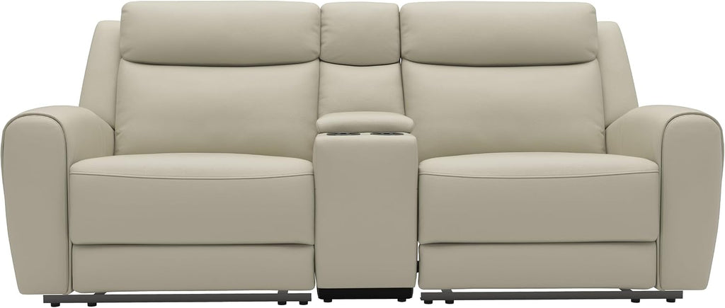 Furniture of America Larson Modern Leather Recliner Loveseat with Storage Console and Cup Holders, Reclining Sofa, Comfortable Couch for Living Room, Office, Home Theater, Beige