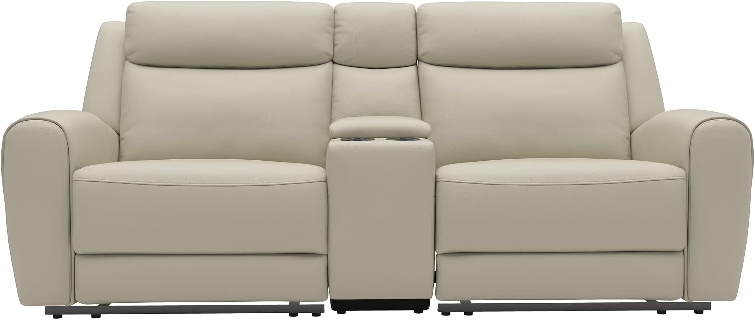 Furniture of America Larson Modern Leather Recliner Loveseat with Storage Console and Cup Holders, Reclining Sofa, Comfortable Couch for Living Room, Office, Home Theater, Beige