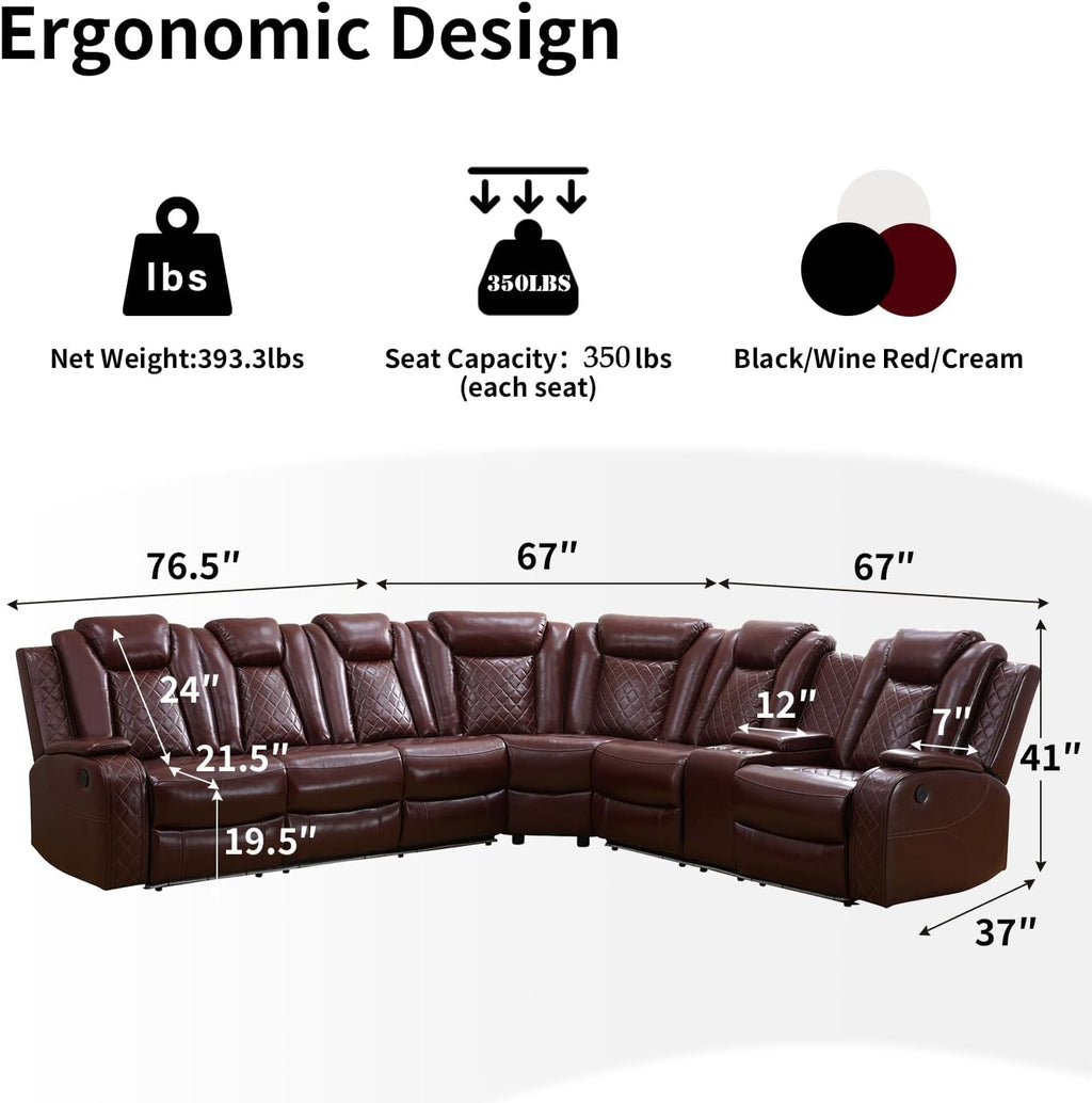 Power Recliner Sofa Sectional Couch with LED Light for Living Room,Leather Reclining Corner Sectional Sofa with 2 Recliner Seats,Cup Holder,Storage Console for House/Home Theater, Wine