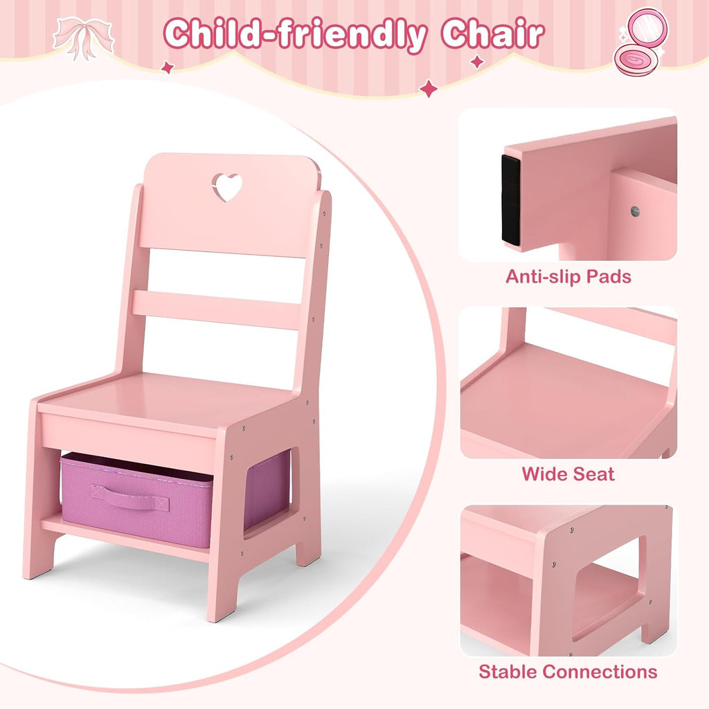 INFANS Kids Vanity with Lights, Princess Makeup Desk with Mirror, Jewelry Hanger, Fabric Drawers, Toddler Table and Chair Set Pretend Play for Girls