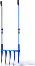 56'' Heavy Duty Broadfork for All the Soils, Unbreakable Design Pitchfork, 5 Sharp and Cambered 11'' Tines Bord Fork Garden Tool, Ergonomic Handles, Good Package, Easy Assembly, Blue.