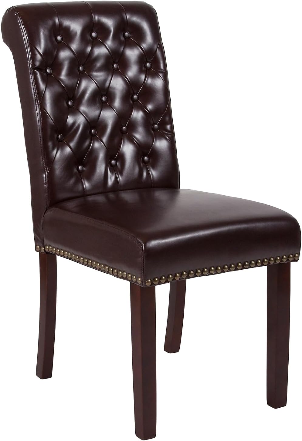 Flash Furniture HERCULES Series Brown LeatherSoft Parsons Chair with Rolled Back, Accent Nail Trim and Walnut Finish