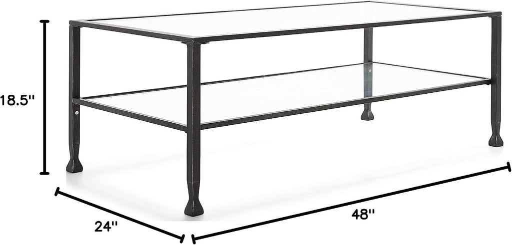 ClickDecor Maddox 2-Tier Tempered Glass Coffee Table with Metal Frame, Console, Living Room Accent Furniture, Rectangular Top with Storage Shelf, Easy Assembly, 48 Inch, Black