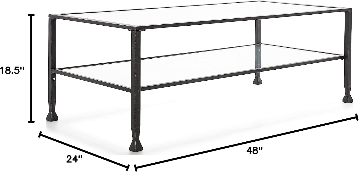 ClickDecor Maddox 2-Tier Tempered Glass Coffee Table with Metal Frame, Console, Living Room Accent Furniture, Rectangular Top with Storage Shelf, Easy Assembly, 48 Inch, Black