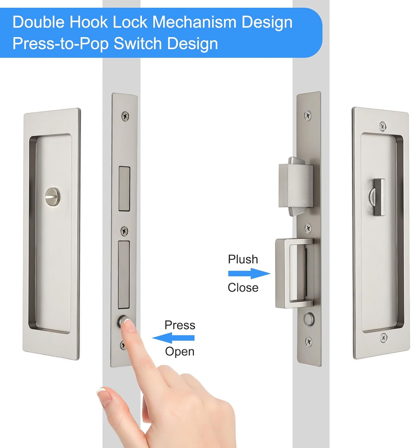Rectangular Privacy Pocket Door Mortise Lock and Edge Pull, Narrow Modern Sliding Door Pop-Up Handle, (Bed/Bath) Pull Latch, Recessed Hardware for 1 3/8' to 2 3/16' Thickness Door (Brushed Nickel)
