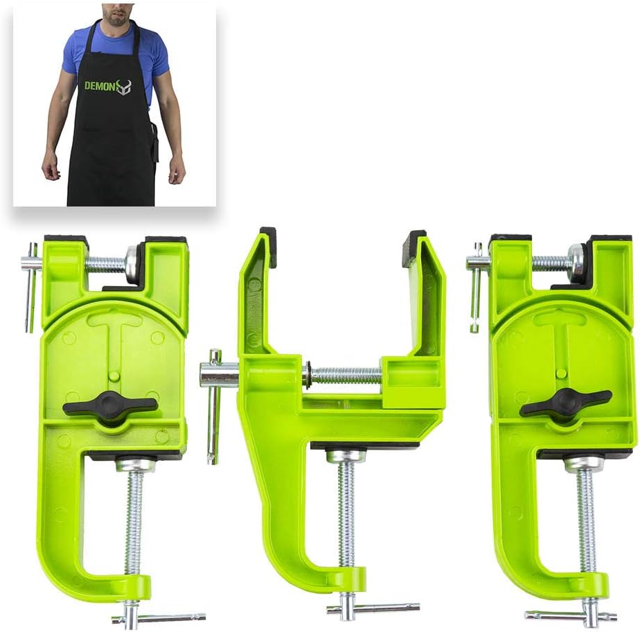 DEMON UNITED Muzzle Ski Vise -3 Vise Pcs- Quality Metal Construction- with Shop Apron & Ski Brake Retainers Combo Pack and 14 Inch Wax Scraper