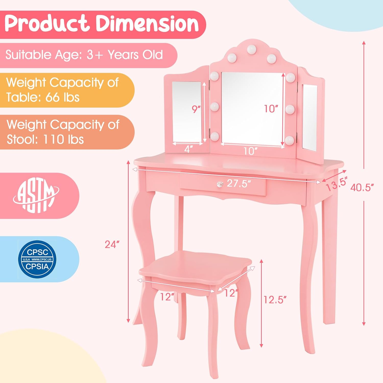 HONEY JOY Kids Vanity Set with Lighted Mirror, 2 in 1 Princess Toddler Dressing Table w/Tri-Fold Mirror & Drawer, Wooden Makeup Table & Chair Set, Pretend Play Vanity Set for Little Girls (Pink)