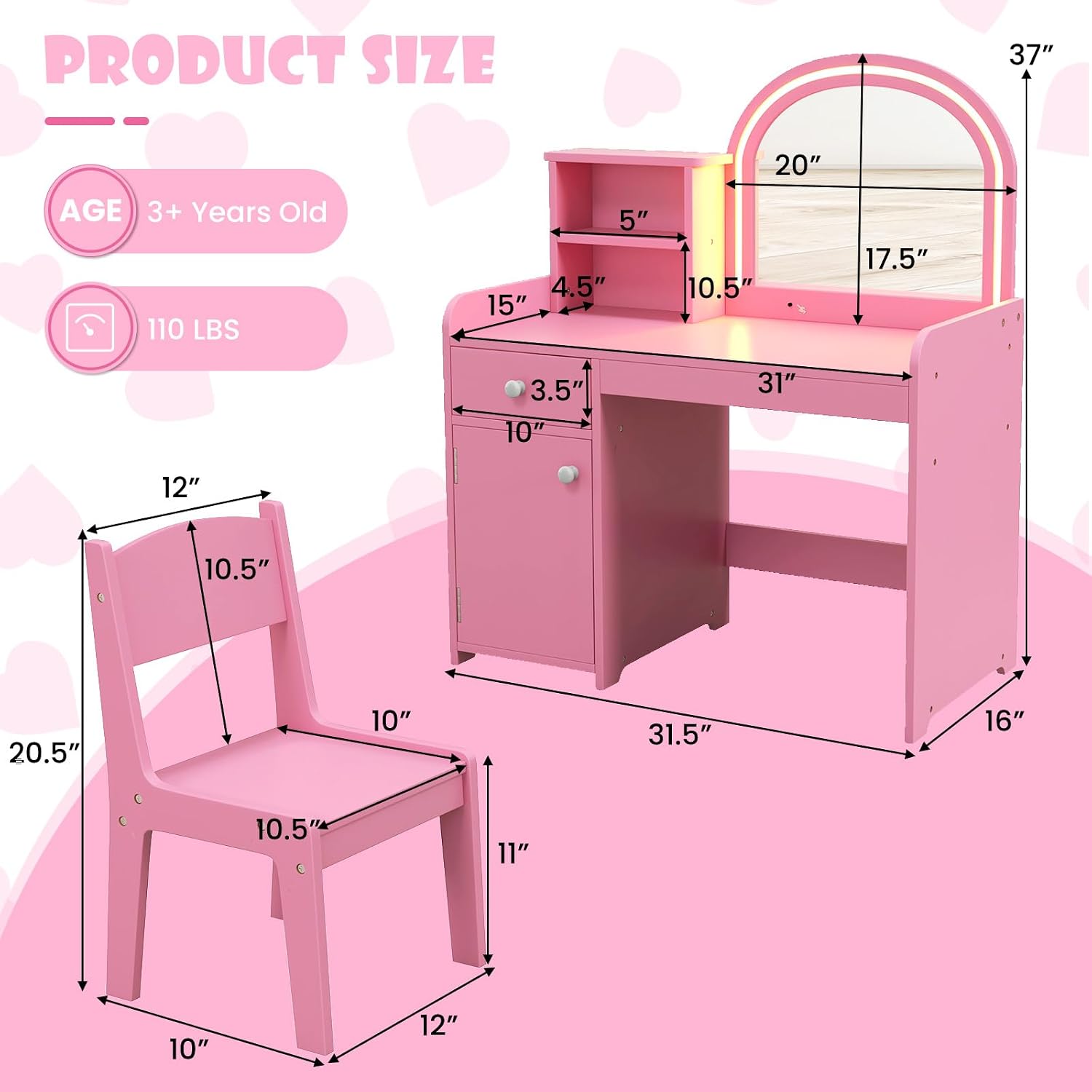INFANS Kids Vanity, Princess Makeup Desk and Chair Set with Lights Mirror Drawer Storage Shelves, Wooden Dressing Table, Pretend Play Vanity Set for Girls