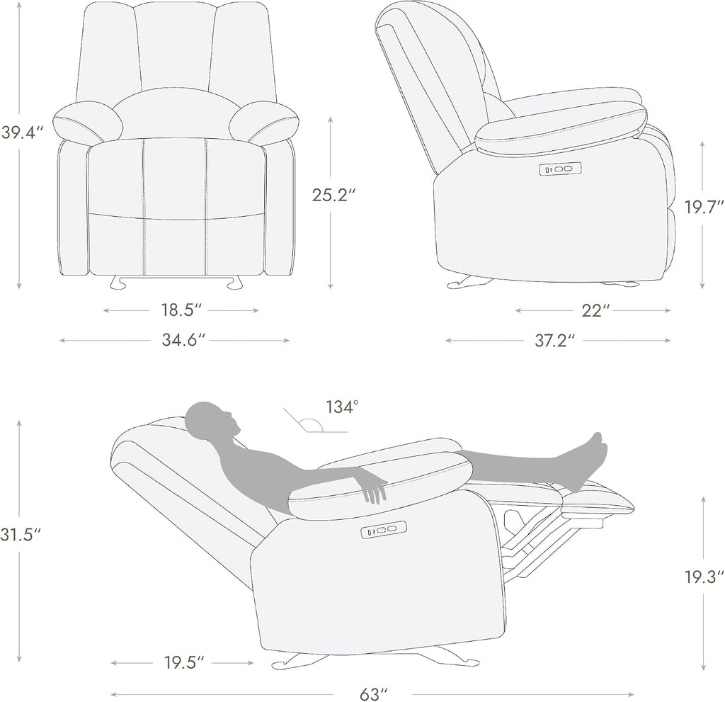 Watson & Whitely Power Recliner Chair for Adults, Fabric Electric Glider Reclining Chair for Living Room and Nursery, Upholstered Rocker Recliner with USB Port, Creamy Grey
