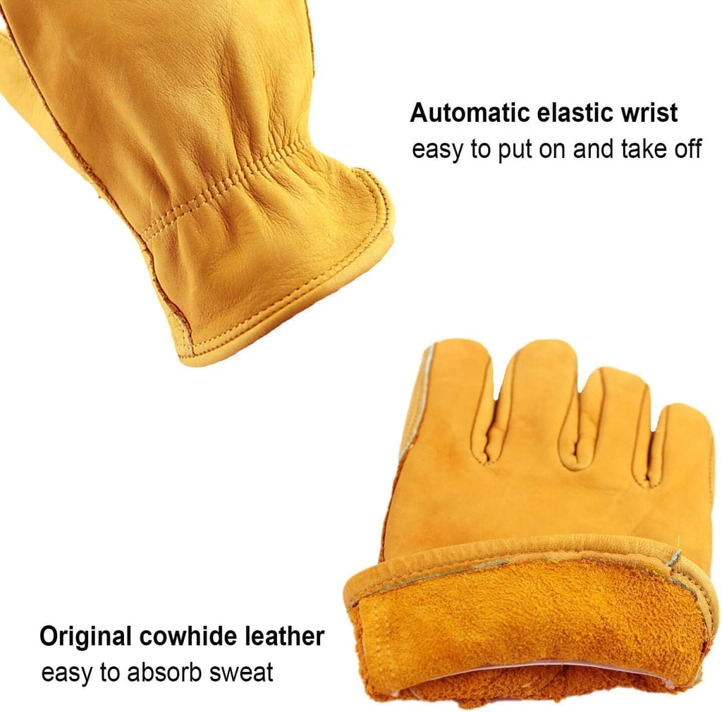 OZERO Leather Work Gloves for Men, Cowhide Gardening Gloves with Reinforced Palm, Flexible Keystone Thumb, Elastic Wrist