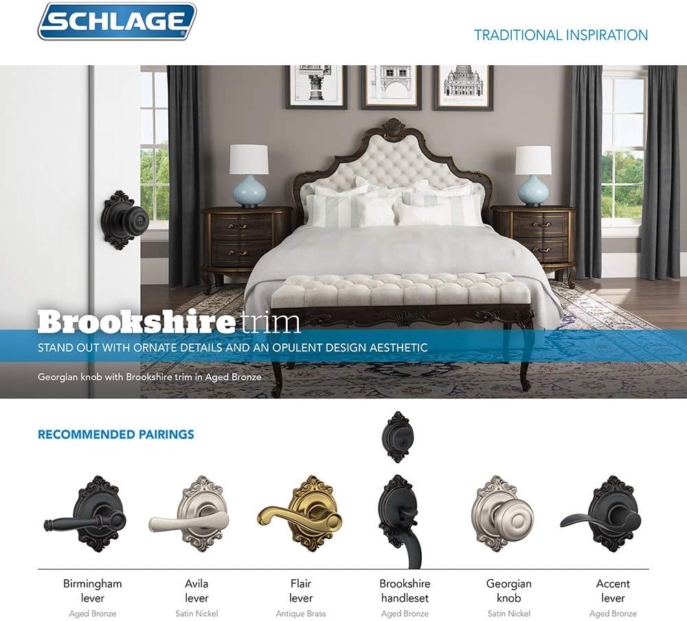 SCHLAGE F59 Flair with Brookshire Rose Right Hand Interior Active Trim with 12326 Latch and 10027 Strike Antique Brass Finish