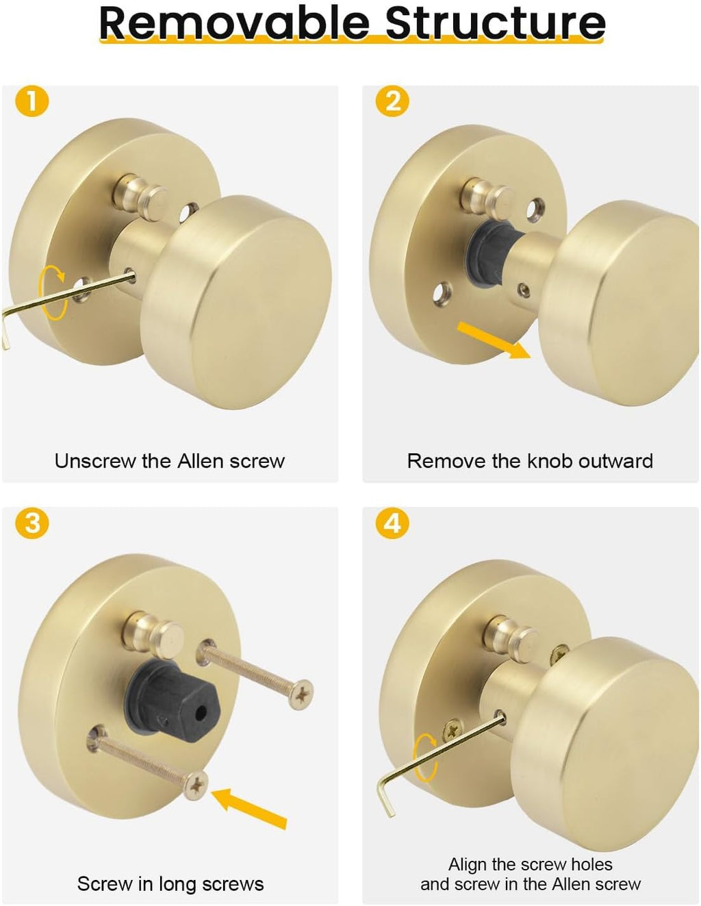 Goldenwarm Gold Door Knobs Interior, Zinc Alloy Brushed Gold Privacy Door Knob, Interior Door Knobs for Bedroom, Bathroom, Brushed Brass Indoor Door Knob, Heavy Duty Round Ball (5 Pack)
