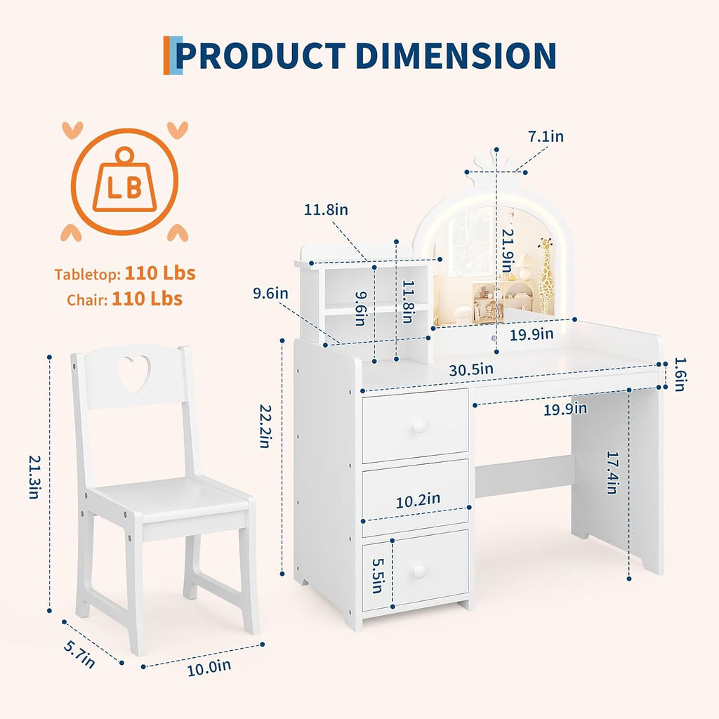 GAOMON Kids Vanity Table and Chair Set with Mirror & LED Lights, 2-in-1 White Princess Wooden Makeup Desk with Storage Shelves and Drawers, Pretend Play, White