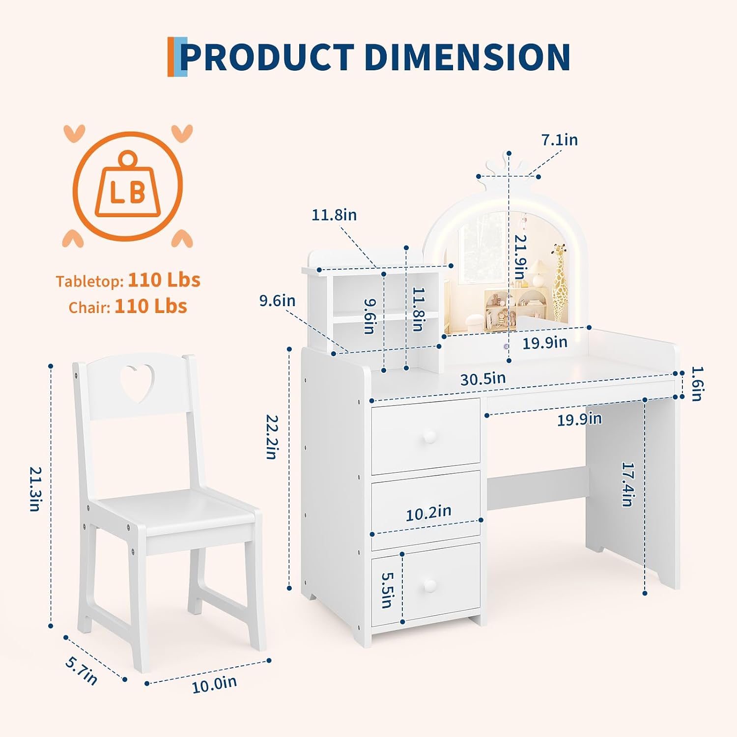 GAOMON Kids Vanity Table and Chair Set with Mirror & LED Lights, 2-in-1 White Princess Wooden Makeup Desk with Storage Shelves and Drawers, Pretend Play, White