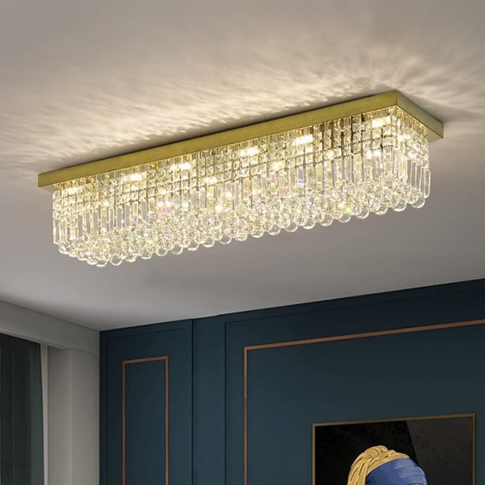 7PM Modern Rectangular Chandelier, 10-Light Dining Room & Living Room Flush Mount, Gold (L47' x W10' x H10')