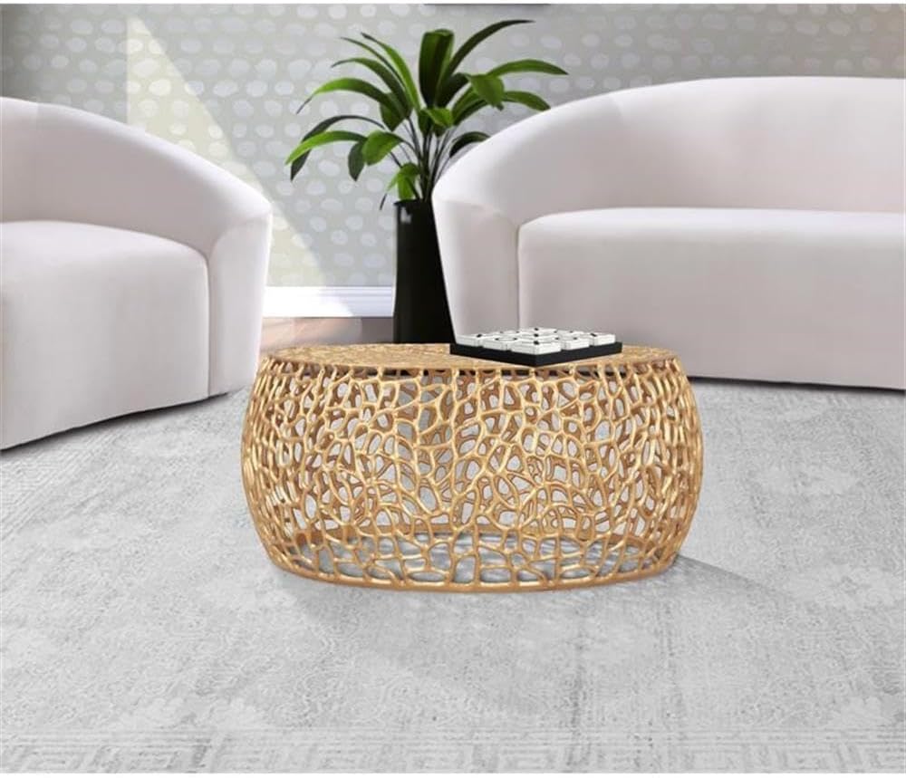 Meridian Furniture Priya Collection Modern | Contemporary Solid Aluminum Round Coffee Table with Intricate Design, 35' W x 35' D x 16' H, Gold