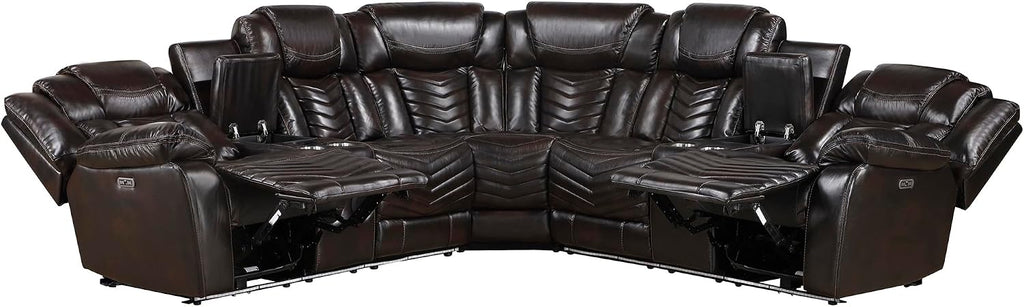 Lexicon Modern 3-Piece Power Reclining Sectional Sofa, Wall Hugger Faux Leather Sectional Couch, with Consoles, Speakers, Subwoofer and Led Lighting, for Living Room/Office/Apartment, Dark Brown