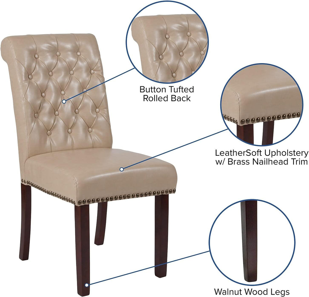 Flash Furniture HERCULES Series Beige LeatherSoft Parsons Chair with Rolled Back, Accent Nail Trim and Walnut Finish