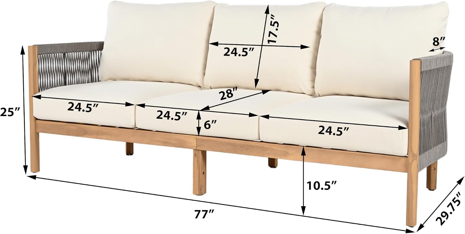 Christopher Knight Home Havets 77'W Outdoor 3 Seater Sofa, 6' Thick Cushion Couch, Acacia Wood Bench Sofa, Comfy Woven Rope Armchair, Spacious Seating Bench Couch for Backyard Garden Porch, Gray+Beige