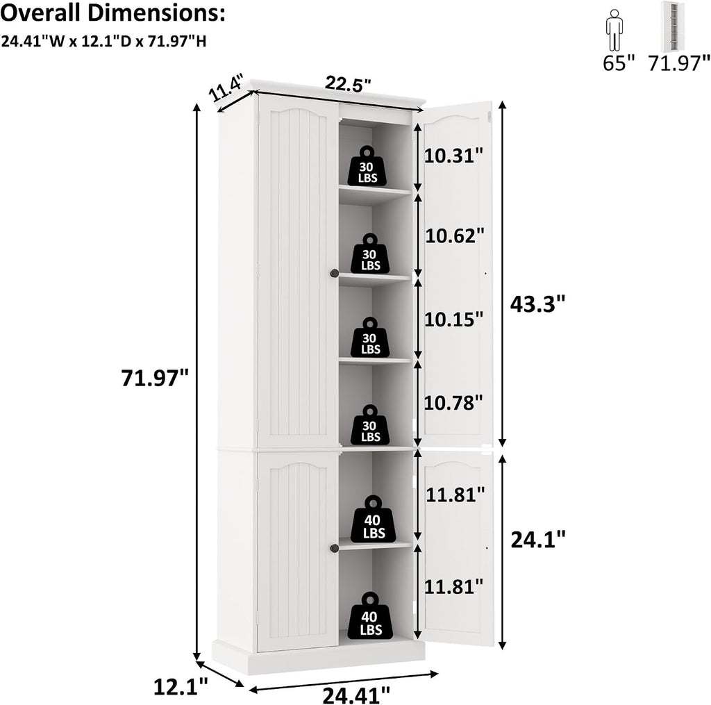 Function Home 72' Kitchen Pantry Cabinet, Tall Wood Storage Cabinet with Doors and Adjustable Shelves, 6-Tier Freestanding Cupboard for Kitchen Dining Room Living Room Bathroom, White
