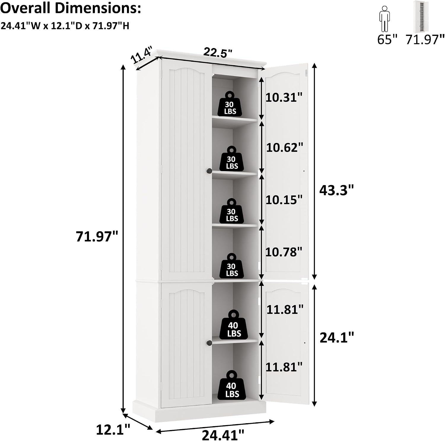 Function Home 72' Kitchen Pantry Cabinet, Tall Wood Storage Cabinet with Doors and Adjustable Shelves, 6-Tier Freestanding Cupboard for Kitchen Dining Room Living Room Bathroom, White