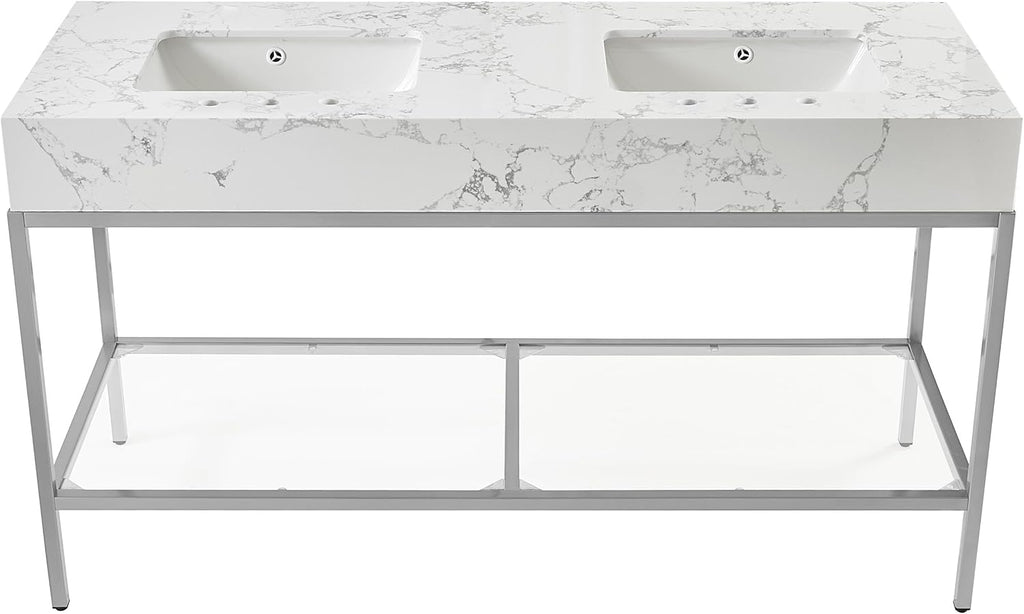 Meridian Furniture 408White-60 Marmo Collection Modern | Contemporary Bathroom Vanity with White Engineered Stone with Grey Veining, Brushed Chrome Stainless Steel Base, 60' W x 23' D x 34' H, White
