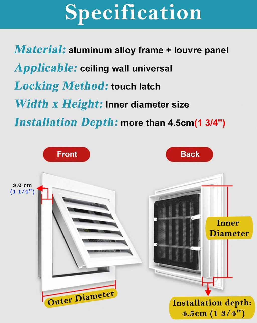 Drop Ceiling Wall Vented Access Panel, Touch Latch Access Hatch with Removable Screen & Screw, Pop in Inspection Door Fits Openings from 6-34 in(30x32in(76x81cm))